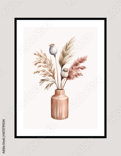 Earth tone watercolor vase with pampas arrangement. Minimal boho chic wall decor with dried bouquet. 