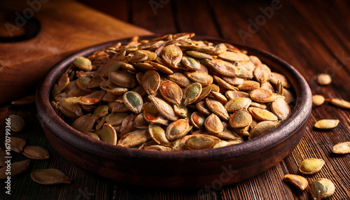 salted pumpkin seeds roasted to perfection in a rustic dish