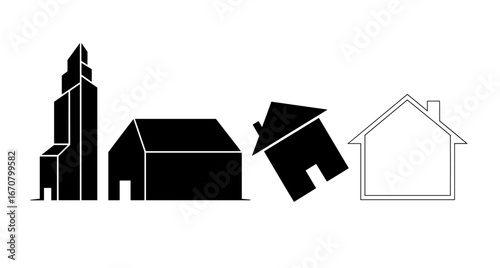 Four building icons including a skyscraper and houses in varying states of completeness and orientation