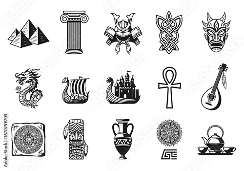 Assorted cultural and historical icons displayed in a graphic arrangement, isolated on a white plane