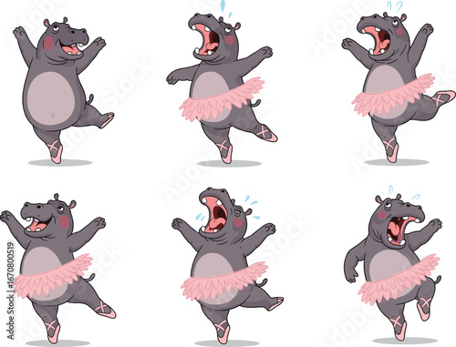 Playful cartoon hippo ballerinas in pink tutus performing expressive ballet poses, humorous anthropomorphic animal dance illustration for children’s art and design projects