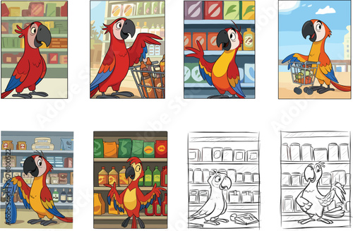 Colorful cartoon parrot grocery shopping in supermarket scenes, playful anthropomorphic bird illustration for children’s retail art and everyday market concept
