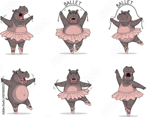 Cute cartoon hippo ballerinas in pink tutus performing ballet poses, whimsical anthropomorphic animal dance illustration for children’s art and design projects