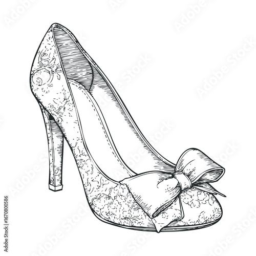 Elegant high heel shoe design with floral pattern and bow. Vector illustration