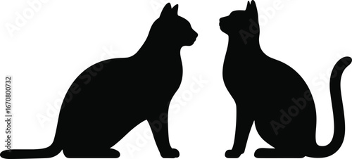 Black cat silhouettes facing each other, pet animal design, feline posture, twin cats, domestic kitten art, animal companionship, vector illustration
