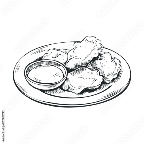 Delicious appetizers served with dipping sauce for gatherings. Vector illustration