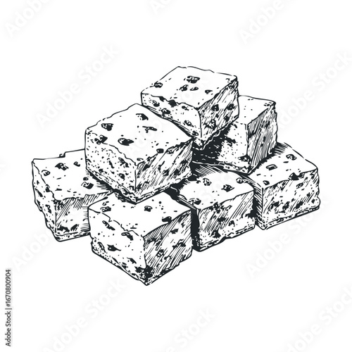 Creamy fudge dessert with chunks of chocolate displayed in a pile. Vector illustration