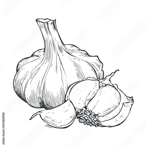 Garlic bulb and cloves captured in detailed line art design. Vector illustration