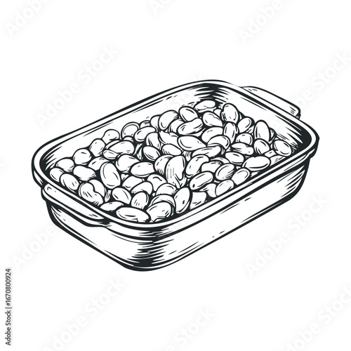 Baked beans in a ceramic dish ready for serving at a gathering. Vector illustration