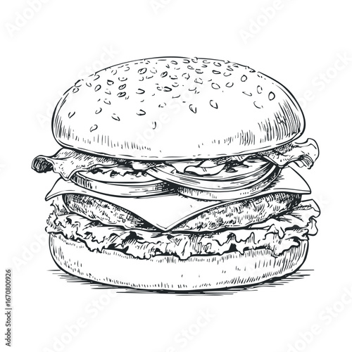 Delicious burger with cheese, lettuce, and tomatoes for culinary art. Vector illustration
