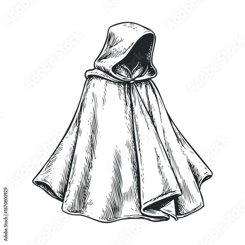 Mysterious hooded cloak design for fantasy storytelling projects. Vector illustration