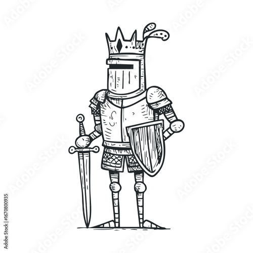 Knight in shining armor standing with sword and shield. Vector illustration