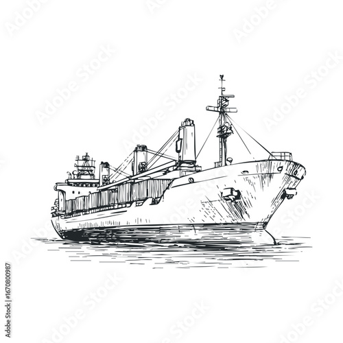 Cargo ship in harbor with detailed design and nautical features. Vector illustration