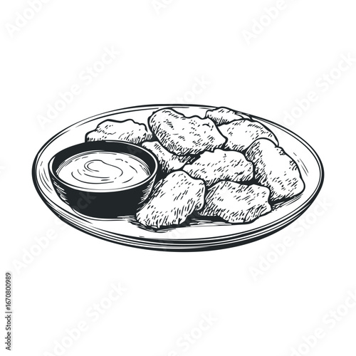 Delicious chicken nuggets with creamy dipping sauce on a plate. Vector illustration