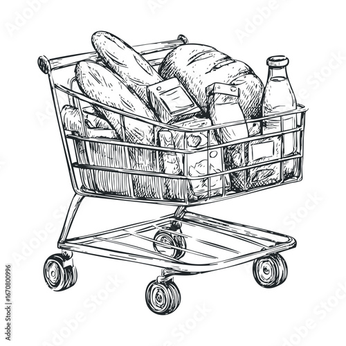Grocery shopping cart filled with fresh food items for healthy meals. Vector illustration