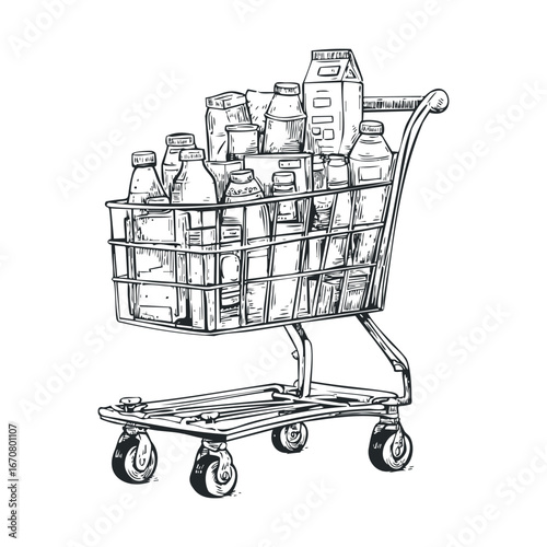Grocery shopping cart filled with various dairy products and beverages. Vector illustration