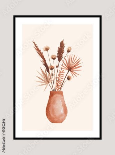 
Boho watercolor vase with dried palm leaves. Bohemian exotic bouquet of flowers vase. Rustic wall art of dried tropical foliage arrangement.
