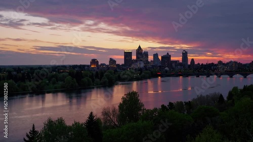 Skyline of the City of Regina during the season of Spring lovely dusk over Wascana Lake in Regina Saskatchewan. scenery