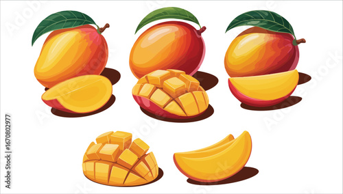 ripe tropical mango with fresh green leaf vector illustration on white background