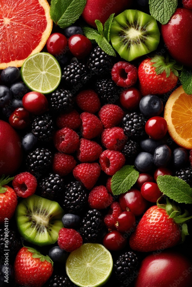 Obraz premium A colorful assortment of berries and citrus fruits provides a fresh and vibrant food background with ample copy space.