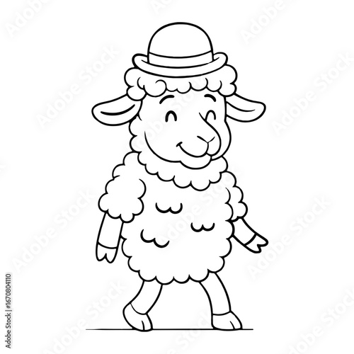 Sheep with curly wool, wearing a bowler hat
