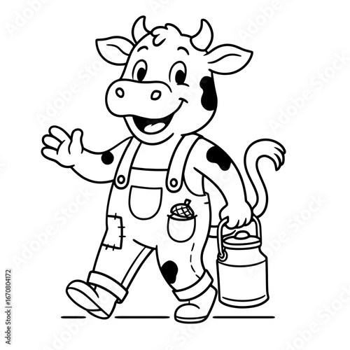 Cheerful cow in patched trousers, carrying a milk can