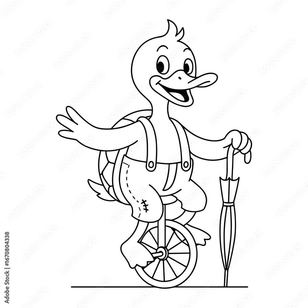 Fototapeta premium Duck in suspenders, riding a unicycle