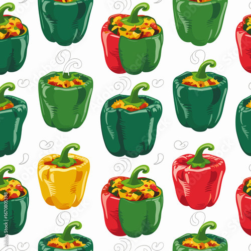 Colorful bell peppers filled with vegetables on a white background  