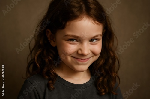 Portrait of a smiling young girl with curly brown hair and a mischievous expression, conveying a sense of playful slyness