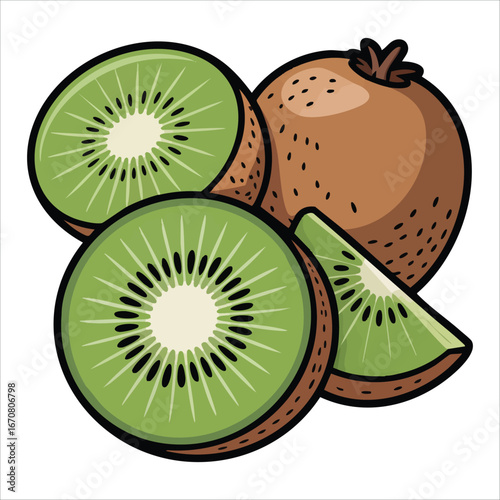 fresh ripe kiwi fruit whole and halved cross section vector art isolated on white background
