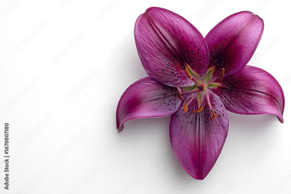 Fototapeta premium Exquisite Deep Purple Lily Bloom with Delicate Petals on a Clean White Background.