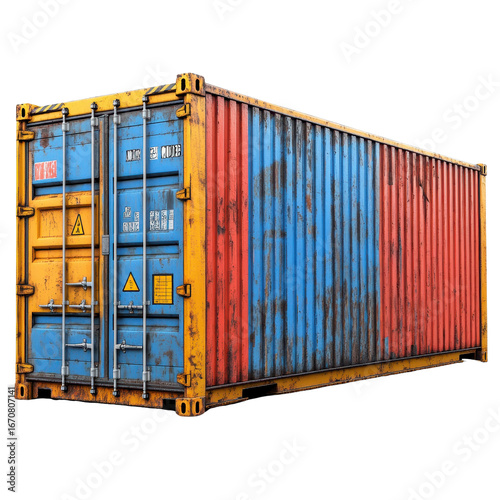 Rusted red and blue shipping container doors with locks and faded markings isolated on a white transparent background