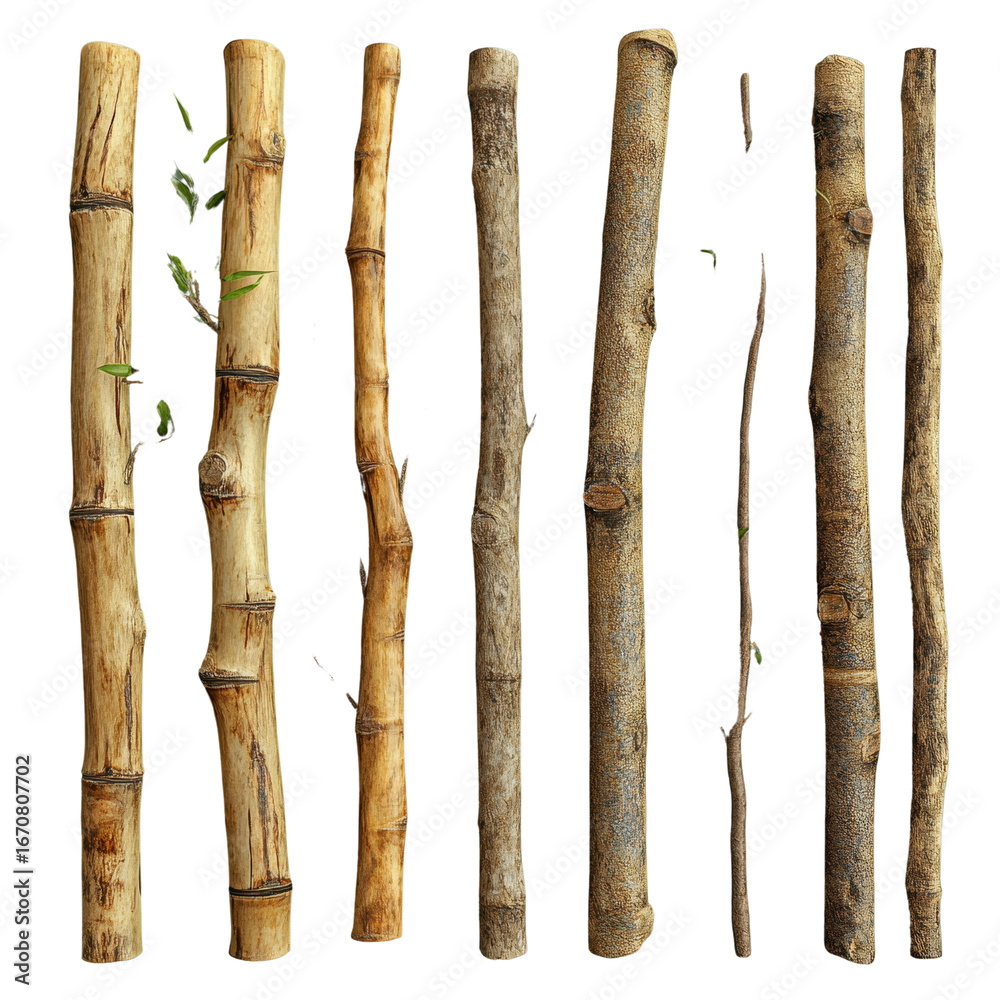 Naklejka premium Set of bamboo wood stalks, sections, isolated on a white transparent background