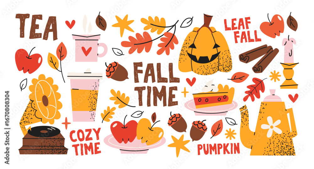 Obraz premium Set cozy autumn stickers.Pumpkin, pie, apples, boots, tea, books,, candle and falling leaves.Warm elements for seasonal comfort,cozy mood and holiday decoration.Isolated vector cartoon illustration