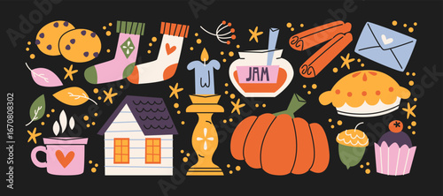 Set cozy autumn stickers.Pumpkin, pie, apples, boots, tea, books,, candle and falling leaves.Warm elements for seasonal comfort,cozy mood and holiday decoration.Isolated vector cartoon illustration