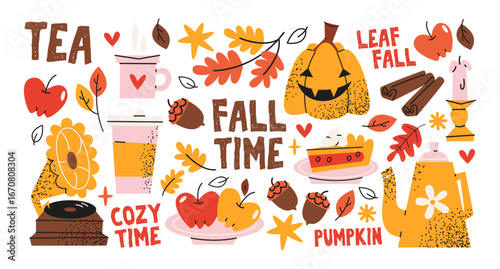 Set cozy autumn stickers.Pumpkin, pie, apples, boots, tea, books,, candle and falling leaves.Warm elements for seasonal comfort,cozy mood and holiday decoration.Isolated vector cartoon illustration