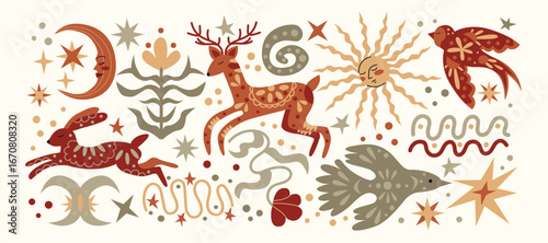 Mystical boho forest animals, plants, moon, sun.Ethnic magical symbols for spiritual illustration, folklore fairy tale, magical mysterious enigmatic forest. Nature bohemian decoration and leaf shapes