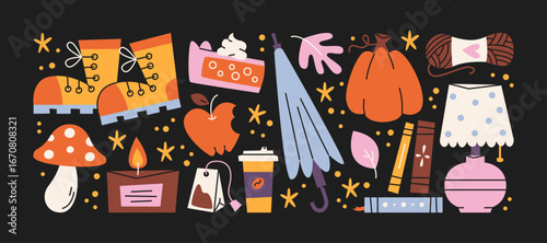 Set cozy autumn stickers.Pumpkin, pie, apples, boots, tea, books,, candle and falling leaves.Warm elements for seasonal comfort,cozy mood and holiday decoration.Isolated vector cartoon illustration