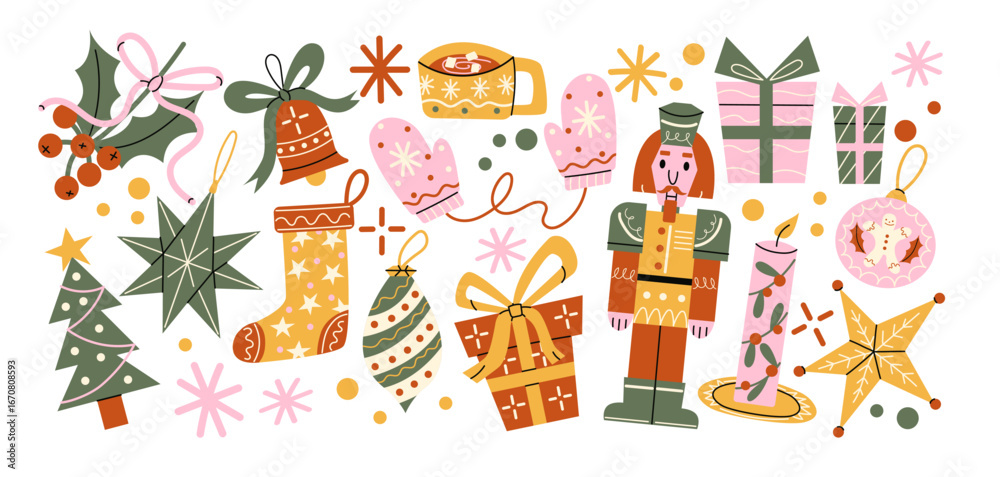 Obraz premium Christmas stickers in retro cartoon style. Holiday new year elements: gifts, candy canes, wreaths. Snowman, reindeer, car with presents, festive sweets. Illustration in retro cartoon style