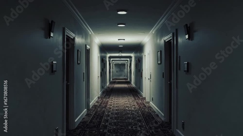 somber and dimly lit hallway within vacant lodging establishment devoid of occupants amid period of isolation