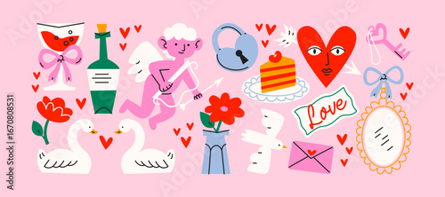 Valentine’s Day romantic collection in retro cartoon. Cupid, heart, love letter, wine, cake, swans, roses, key and lock, mirror and doves. Illustration for romance, wedding and celebration. 