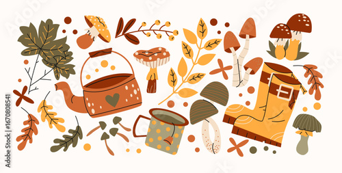 Set cozy autumn stickers.Pumpkin, pie, apples, boots, tea, books,, candle and falling leaves.Warm elements for seasonal comfort,cozy mood and holiday decoration.Isolated vector cartoon illustration