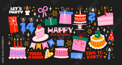 Birthday stickers set in retro cartoon. Balloons, gifts, cakes, candles, party hats, streamers festive birthday elements in trendy retro doodle style.Birthday sticker set in retro cartoon 