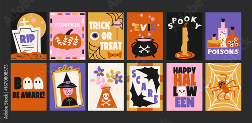 Halloween posters in retro cartoon style. Holiday decor: ghosts, pumpkins, witches. Funny characters, banners with spooky text, October celebration. Minimalist wall banners for festive decoration