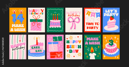 Birthday wall posters in retro cartoon. Party decor: balloons, cakes, candles, gifts, hats, greeting cards. Fun and festive illustration for holiday parties. Minimalist postcards for birthdays 