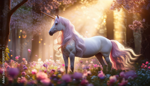 a majestic unicorn stands elegantly in a mystical forest filled with glowing flowers and enchanting light