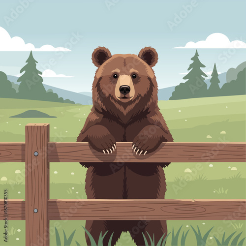 Brown bear standing behind wooden fence in green forest landscape vector illustration natural wildlife scene 