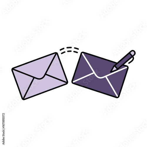 Vector art of two envelopes with dashed lines connecting them, one with a pen