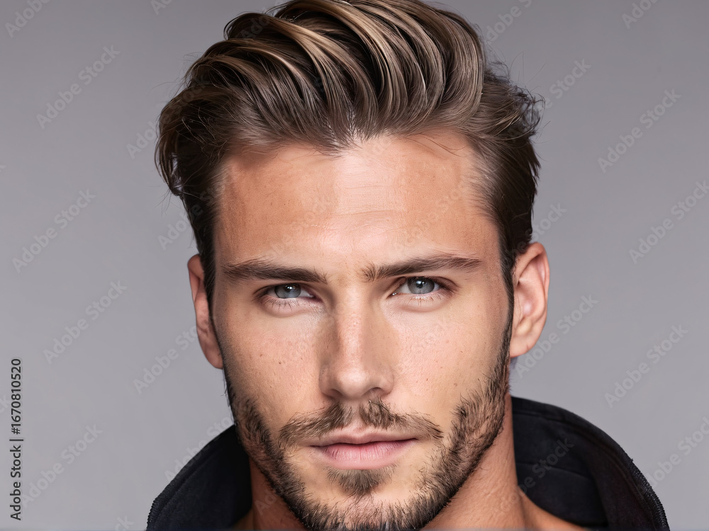 Obraz premium Modern messy slick back hairstyle on Caucasian man with beard