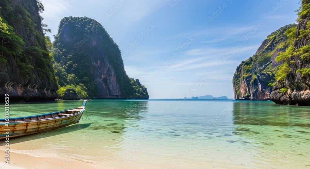 Obraz premium A tranquil tropical beach scene showcases lush, green hillsides, a calm turquoise sea, and a traditional wooden boat, creating a serene and idyllic atmosphere.
